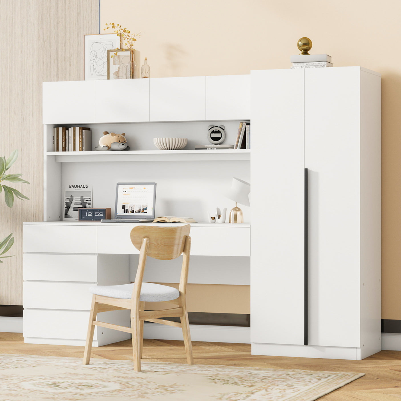 Storage Desk with Wardrobe Combo, 2 Doors, Shelves, and Drawers