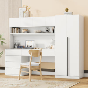 Storage Desk with Wardrobe Combo, 2 Doors, Shelves, and Drawers