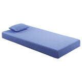 Single blue mattress with matching pillow on white background