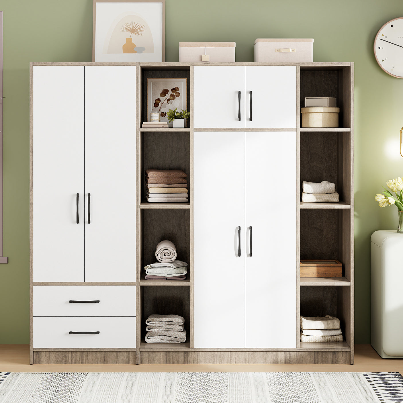 Triple Wardrobe, Hanging Rods, Shelves, Drawers and Cabinet Storage