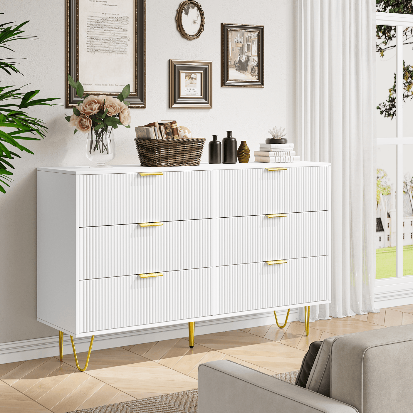 Dresser | 47" 6-Drawer with Lines Pattern & Gold Handles | White