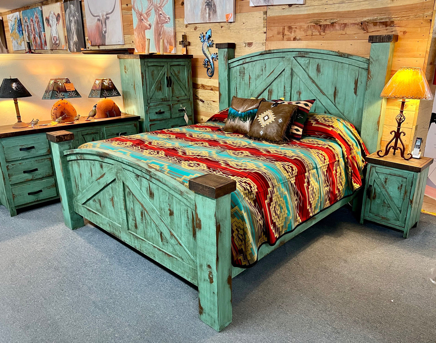 Barn Rustic Bed in Oldie Turquoise (Bed Only)