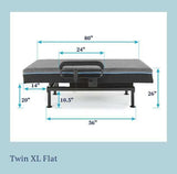 Twin XL flat adjustable bed frame with dimensions labeled in inches
