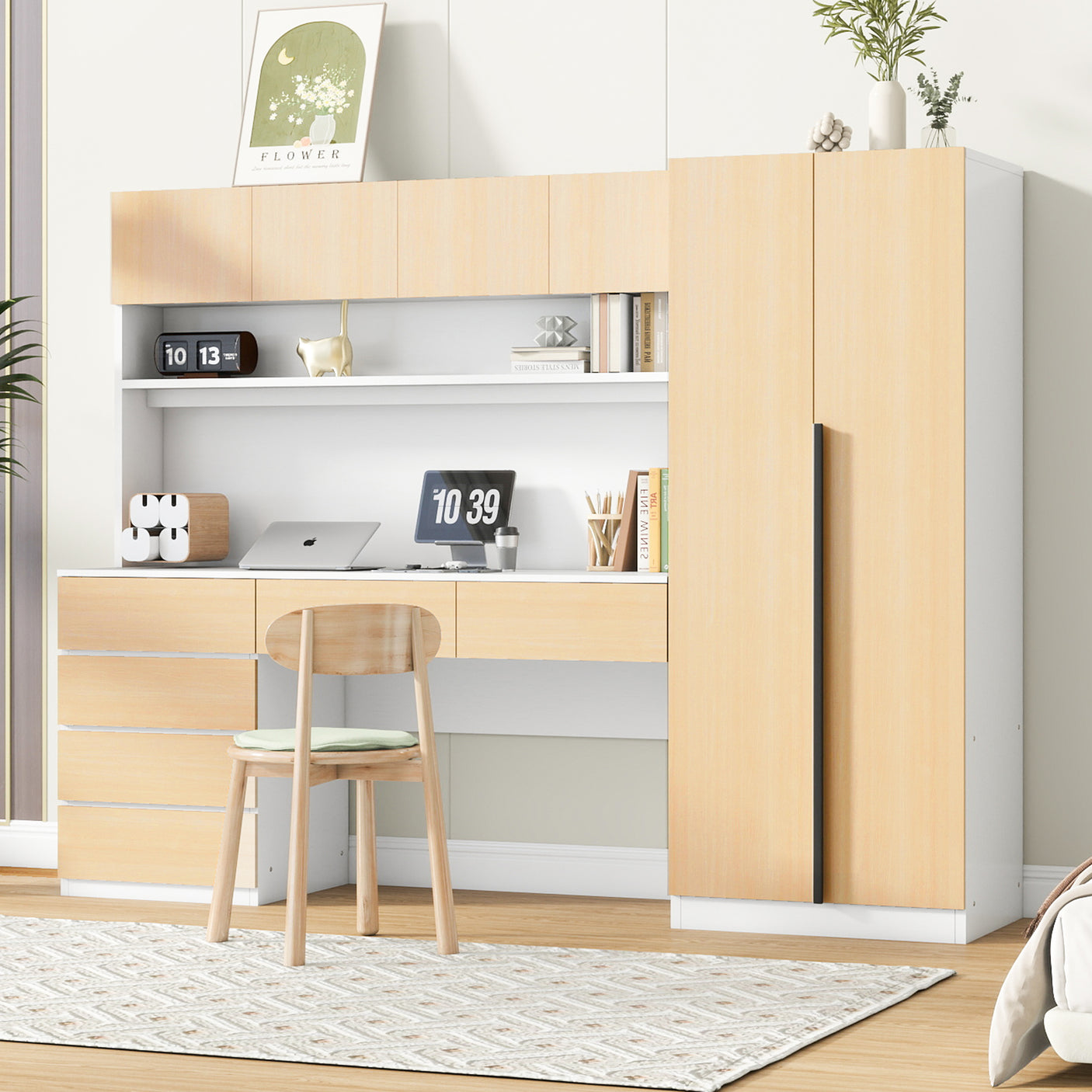 Storage Desk with Wardrobe Combo, 2 Doors, Shelves, and Drawers