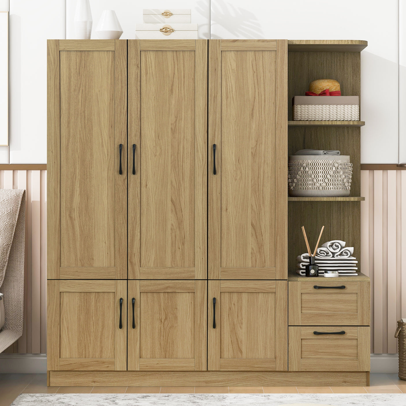 Storage Wardrobe, Stylish 3 Cabinet Doors, 2 Drawers and 3 Side Shelves