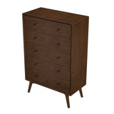 Mid-century modern wooden dresser with five drawers and angled legs on a white background