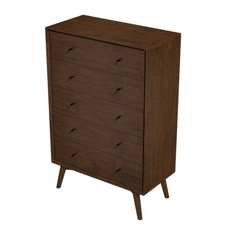 Mid-century modern wooden dresser with five drawers and angled legs on a white background