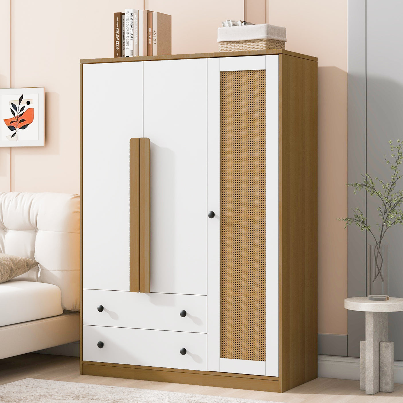 Wardrobe Storage, 3-Doors, 2-Drawers, Wooden Rattan Organizer