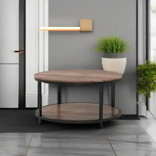 Round Coffee Table,36" Coffee Table for Living Room,2-Tier Rustic Wood Desktop with Storage Shelf Modern