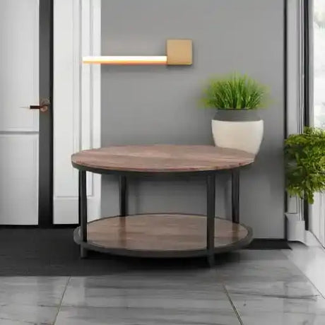 Round Coffee Table,36" Coffee Table for Living Room,2-Tier Rustic Wood Desktop with Storage Shelf Modern
