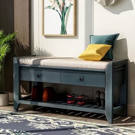 Storage Bench, Shoe Rack, Cushioned Seat, Multipurpose, Antique Navy