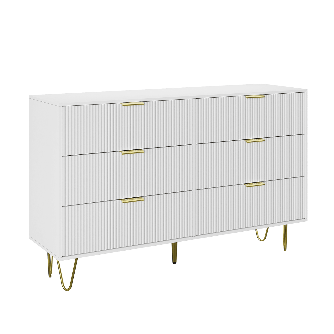 Dresser | 47" 6-Drawer with Lines Pattern & Gold Handles | White