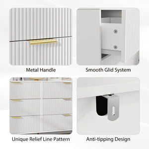 Dresser | 47" 6-Drawer with Lines Pattern & Gold Handles | White