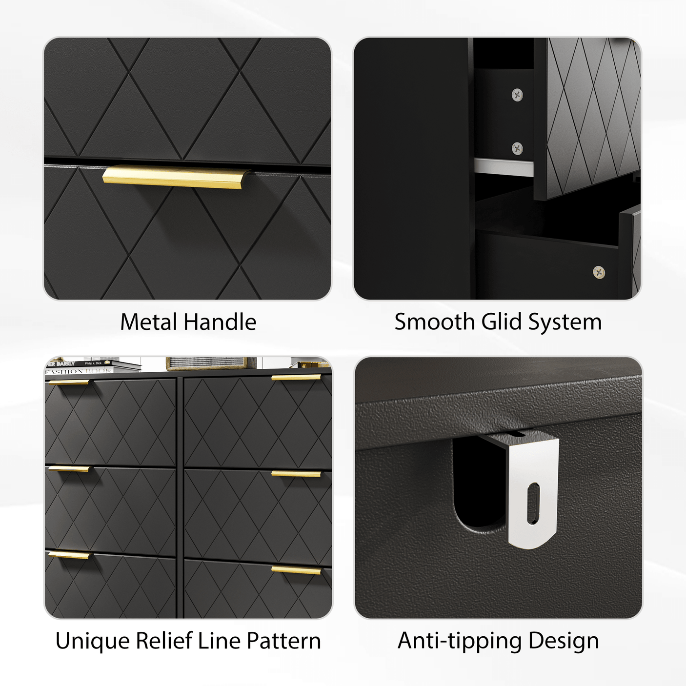 Dresser | 39" 6-Drawer with Diamonds Pattern & Gold Handles | Black