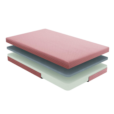 Pink layered memory foam mattress with exposed foam layers for comfort and support