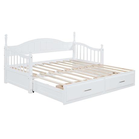 Daybed, Extends to King Size, Trundle with Two Drawers, White