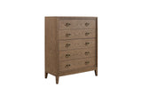 Mid-century modern wooden dresser with five drawers and brass ring handles on white background