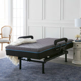 Adjustable bed with mattress and side rails in a bright bedroom