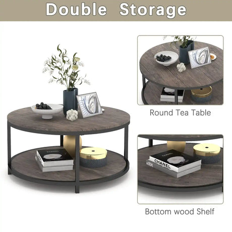 Round Coffee Table,36" Coffee Table for Living Room,2-Tier Rustic Wood Desktop with Storage Shelf Modern
