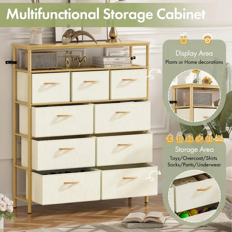 9 Drawer Fabric Dresser, Bamboo Fabric Drawer Dresser, Large Capacity Storage, for Bedroom and Living Room