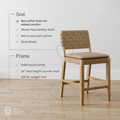 Nathan James Cohen Mid-Century Modern Leather Bar Stool, Counter Height Chair in Solid Wood Frame with