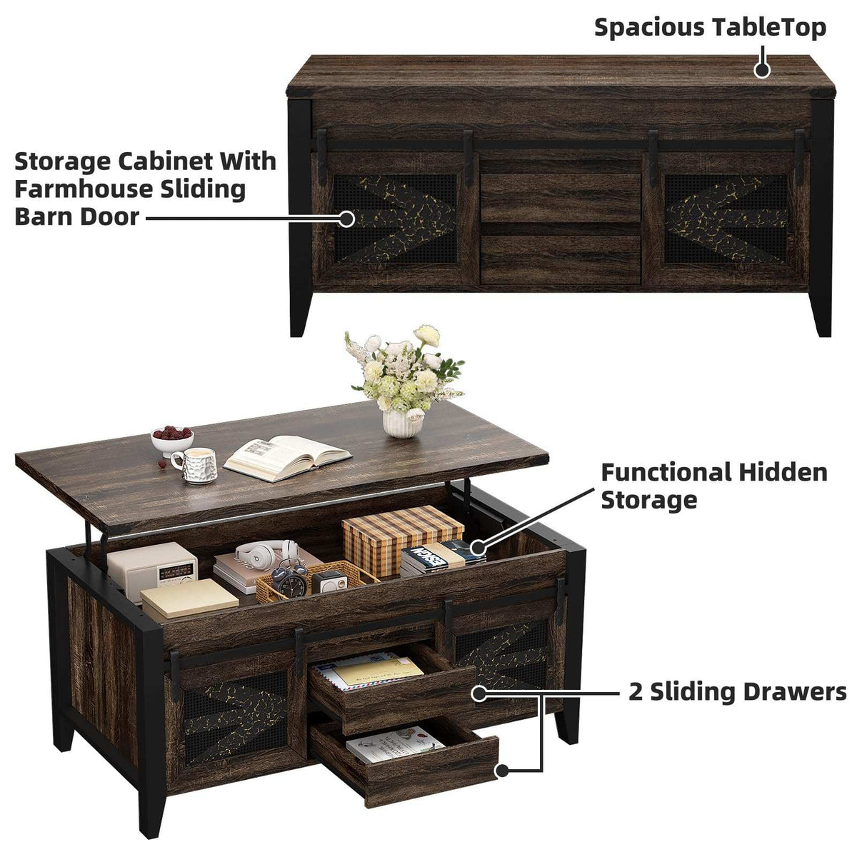 47.2" Lift Top Coffee Table with Hidden Compartment, Storage Drawers & Sliding Barn Doors