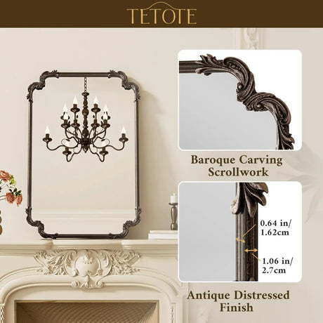 Antique Bronze Rectangle Mirror for Mantle Fireplace 30 x 36 Baroque Vintage Ornate Scroll Wall Mirror with