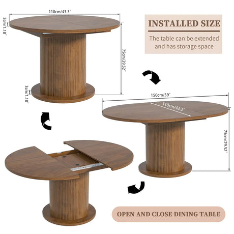 43.3 inch 59 inch Adjustable Size Round Dining Table for 4 6, Unique Design Modern Farmhouse Kitchen Table