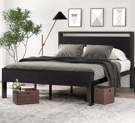Queen 14" Black Oak Metal Platform Bed with Headboard & Footboard