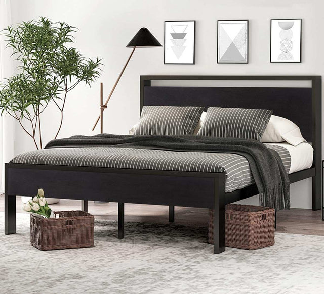 Queen 14" Black Oak Metal Platform Bed with Headboard & Footboard