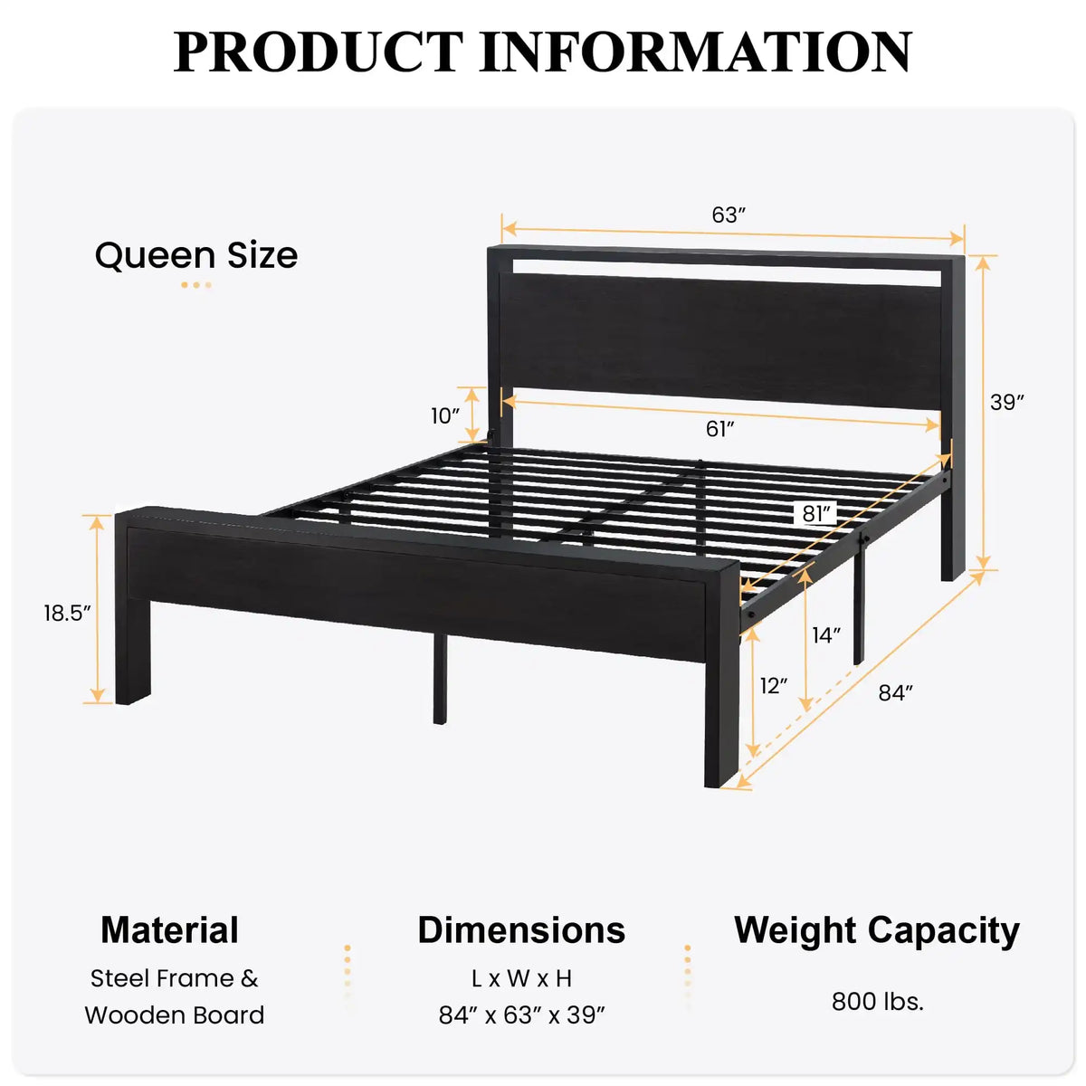 Queen 14" Black Oak Metal Platform Bed with Headboard & Footboard