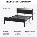 Queen 14" Black Oak Metal Platform Bed with Headboard & Footboard