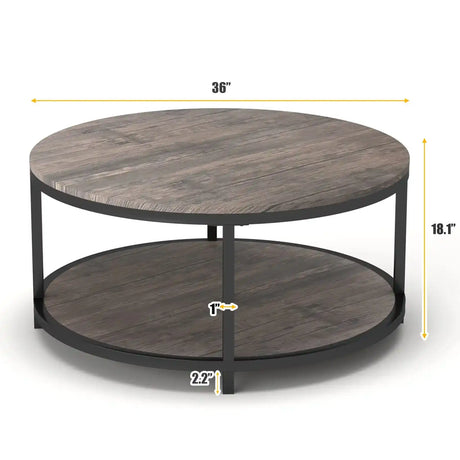 Round Coffee Table,36" Coffee Table for Living Room,2-Tier Rustic Wood Desktop with Storage Shelf Modern