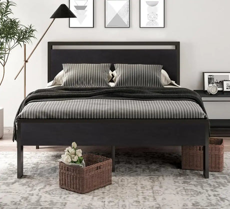 Queen 14" Black Oak Metal Platform Bed with Headboard & Footboard