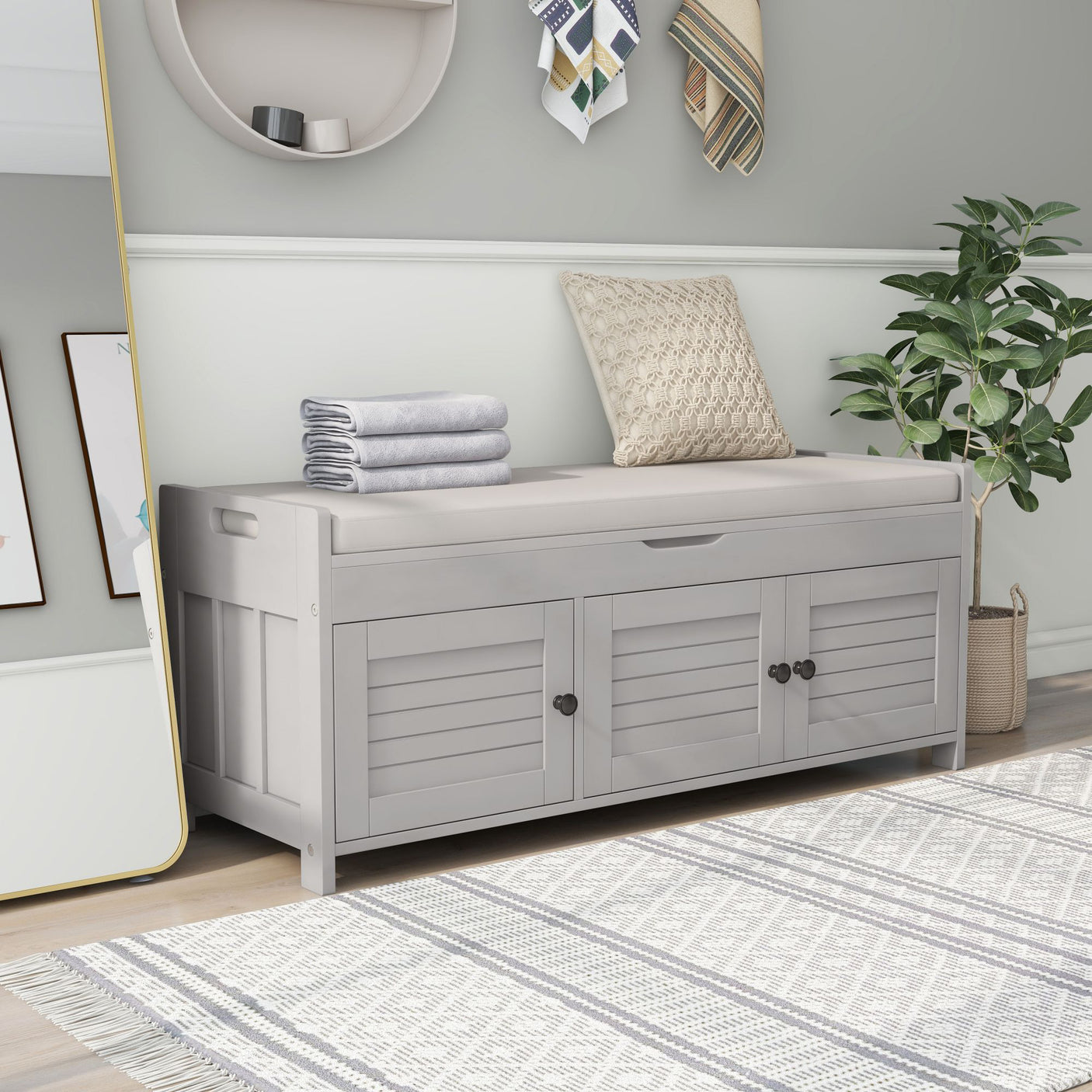 Storage Bench, 3 Shutter-Doors, Shoe Organizer, Entryway - Gray Wash