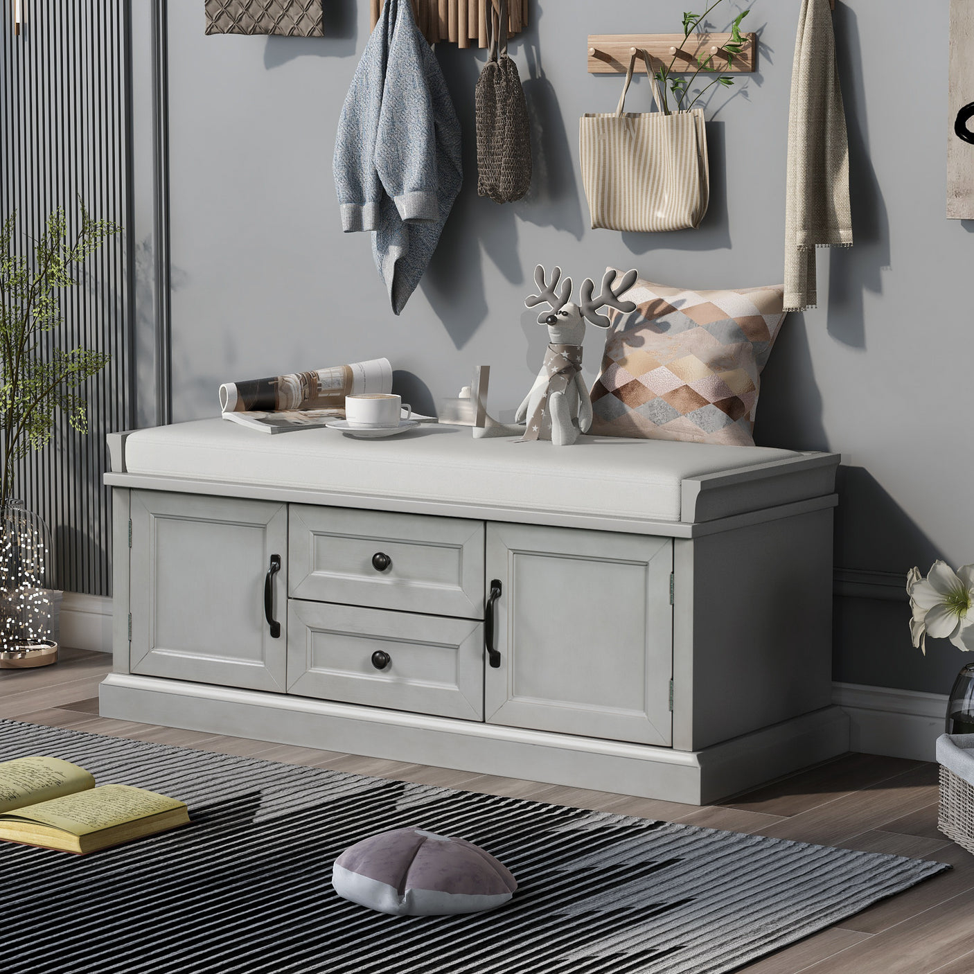 Storage Bench, 2 Drawers, 2 Cabinets, Removable Cushion - Gray Wash