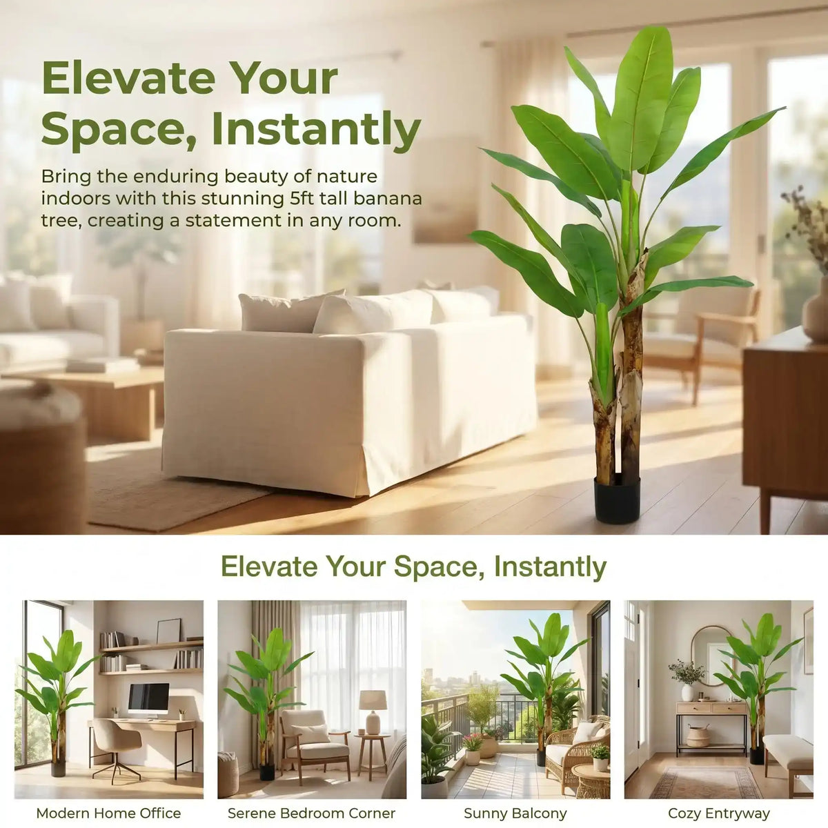 Kiko Artificial 2 Branch 11PCS +2BUD Banana Tree in Plastic Pot Fake Floor Plant Greenery Potted Plants for