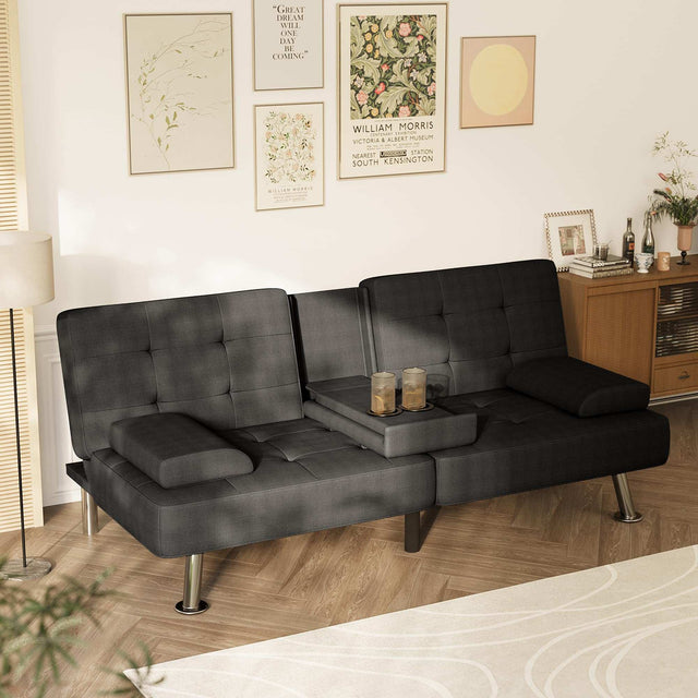Black Linen Futon Sofa Bed, Futon Couch for Living Room