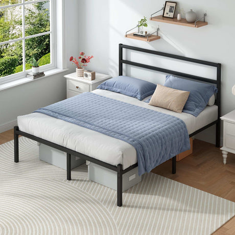 Full Size Bed Frame with Headboard and Footboard, 14 Inch Metal Platform Full Bed Frame with Steel Slat
