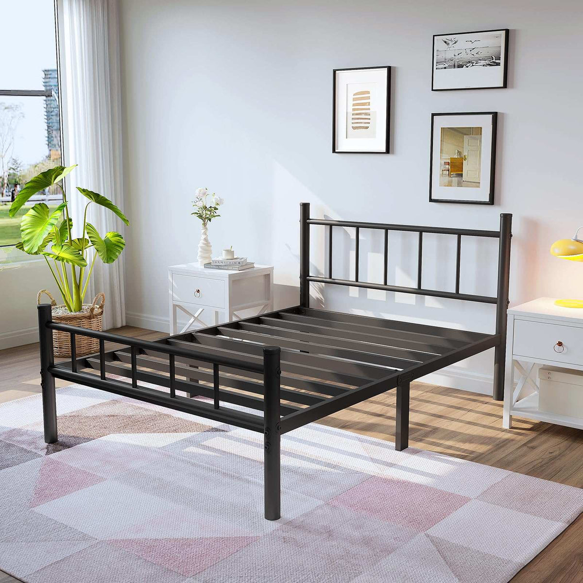 Twin-XL Size Bed Frame with Headboard and Footboard, Black