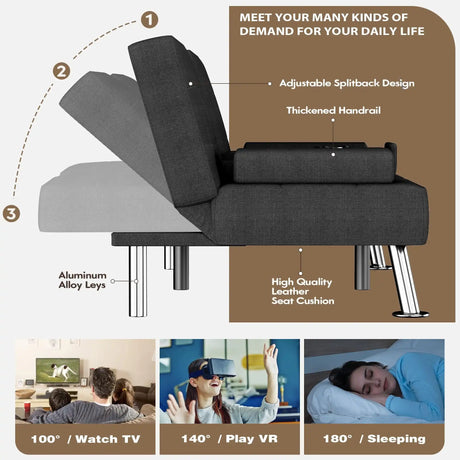 Black Linen Futon Sofa Bed, Futon Couch for Living Room
