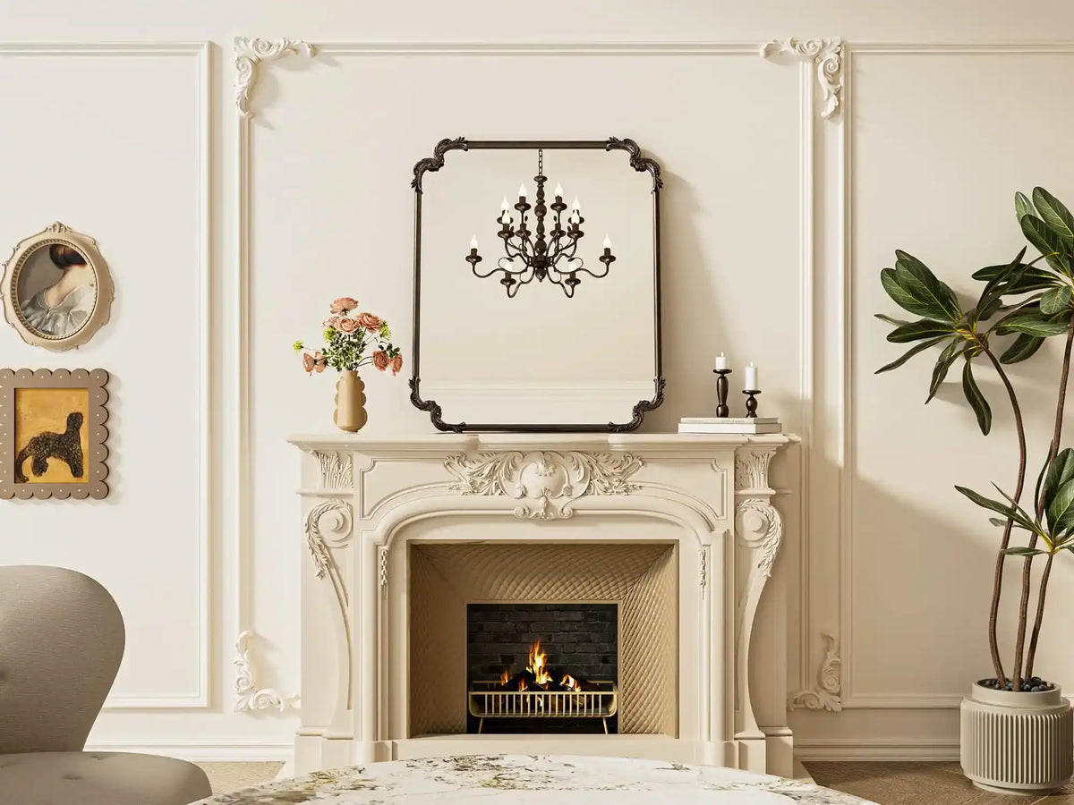 Antique Bronze Rectangle Mirror for Mantle Fireplace 30 x 36 Baroque Vintage Ornate Scroll Wall Mirror with