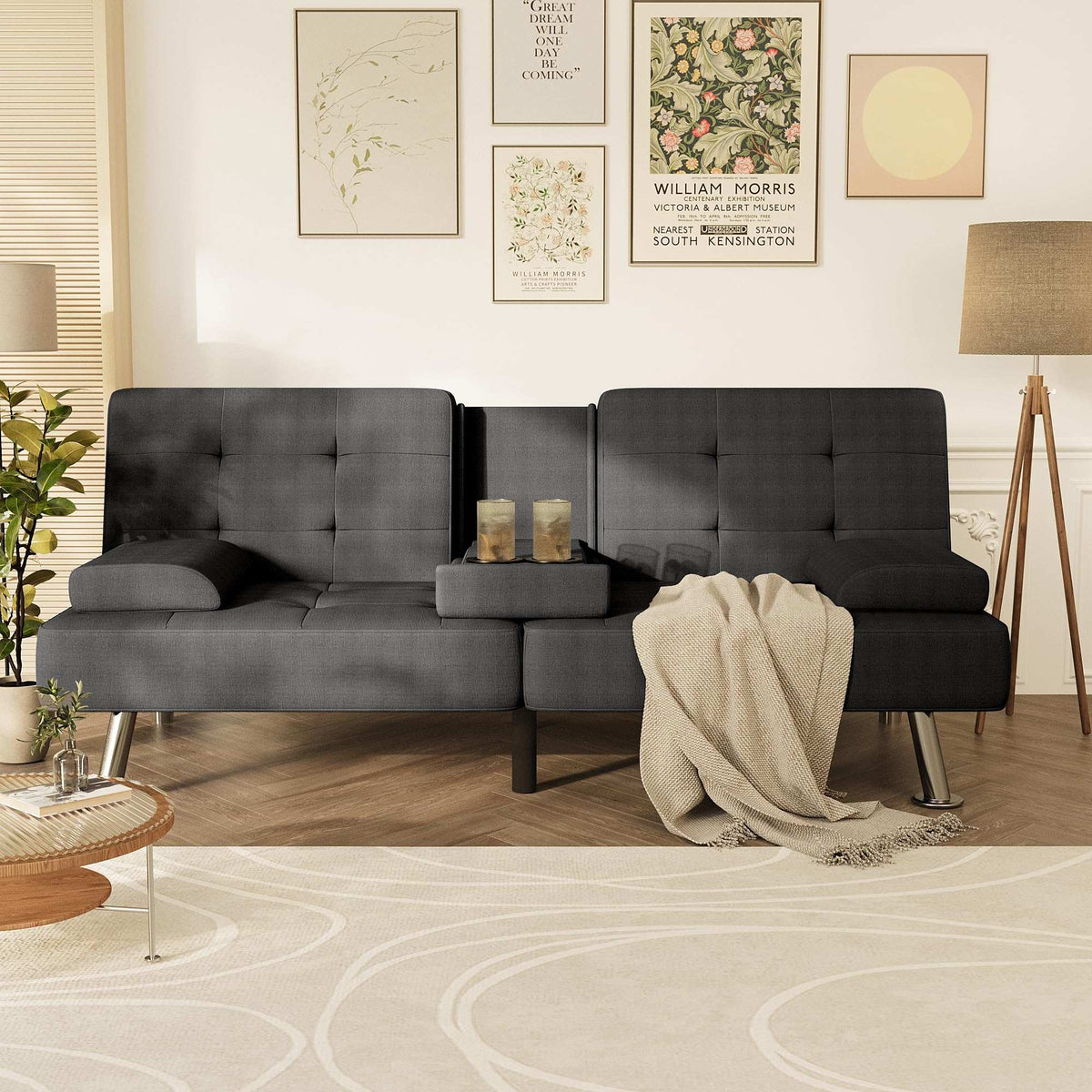 Black Linen Futon Sofa Bed, Futon Couch for Living Room