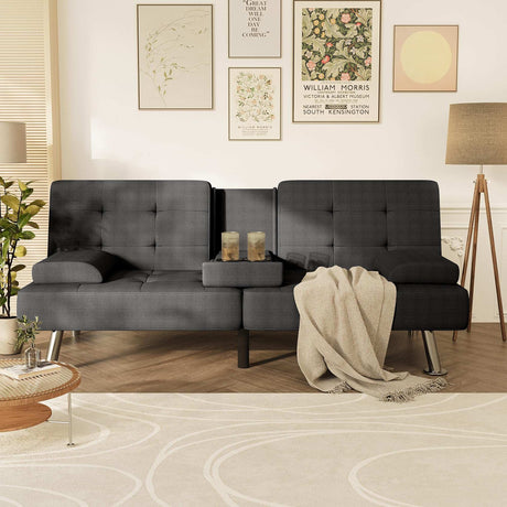 Black Linen Futon Sofa Bed, Futon Couch for Living Room