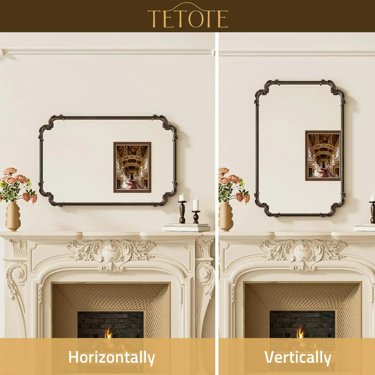 Antique Bronze Rectangle Mirror for Mantle Fireplace 30 x 36 Baroque Vintage Ornate Scroll Wall Mirror with