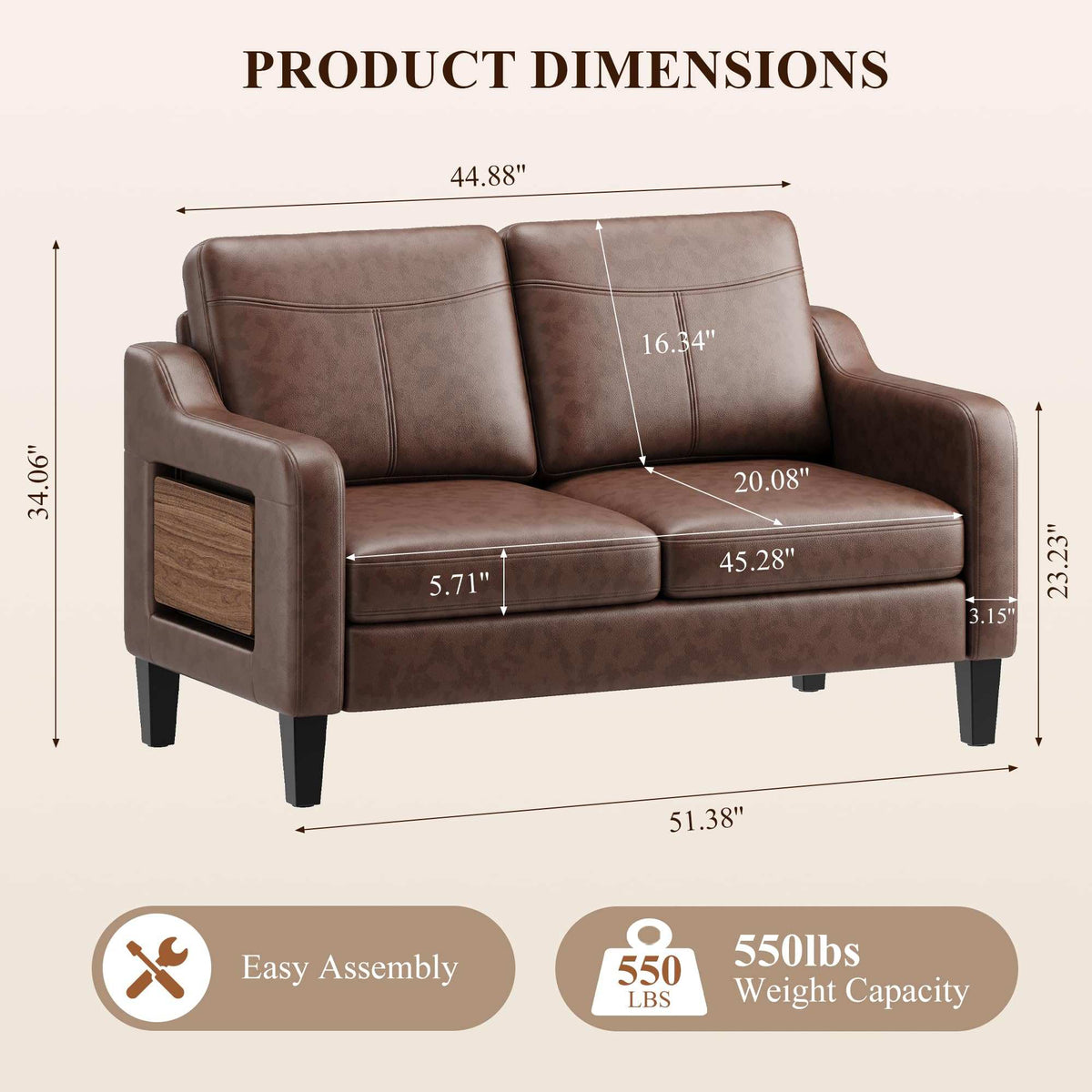 51" Leather Loveseat Sofa with Foldable Side Table, Chocolate Brown