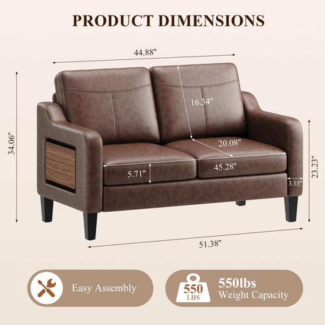 51" Leather Loveseat Sofa with Foldable Side Table, Chocolate Brown