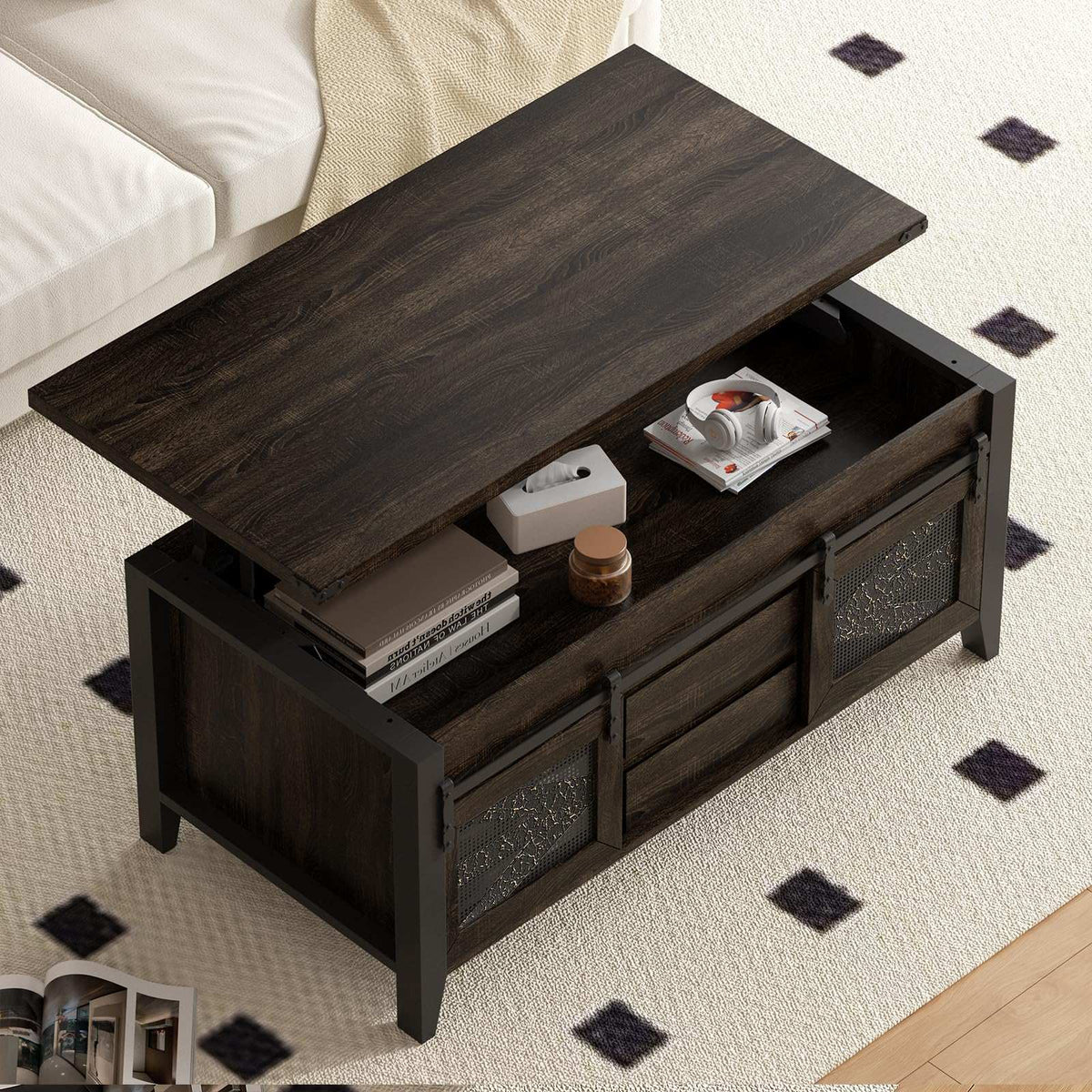 47.2" Lift Top Coffee Table with Hidden Compartment, Storage Drawers & Sliding Barn Doors
