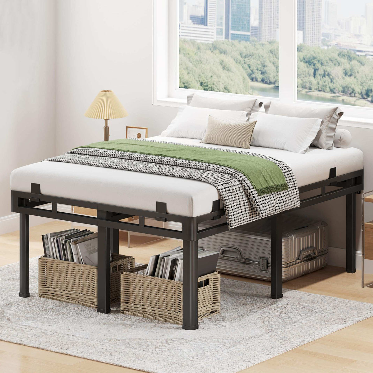 24 inch HIgh Queen Bed Frame with Rounded Legs, Double Layer Design