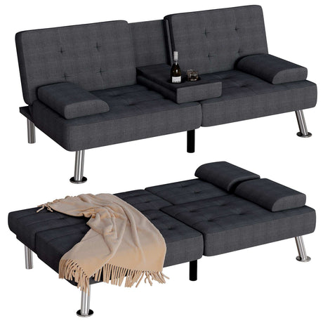 Black Linen Futon Sofa Bed, Futon Couch for Living Room